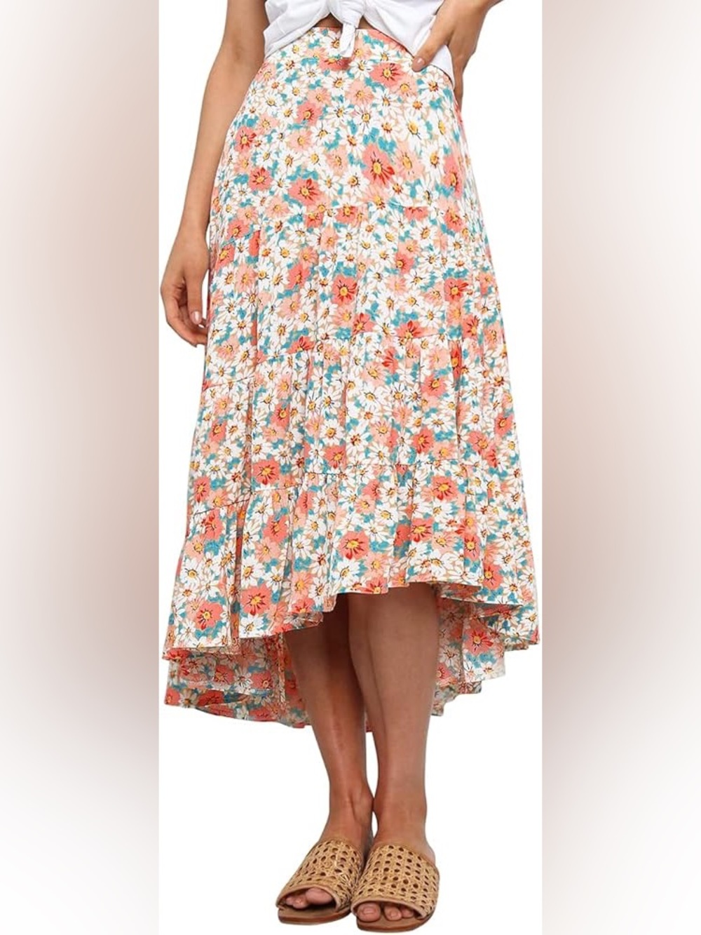 Elings Floral High Low Maxi Summer Skirt Size Small Boho Tiered Cottagecore